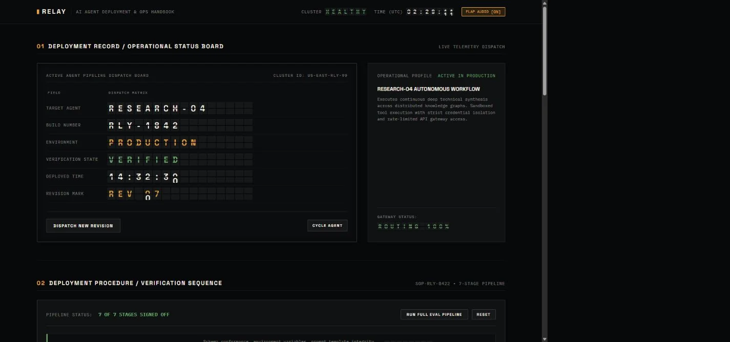 Desktop review frame for RELAY — AI Agent Deployment & Operations Handbook