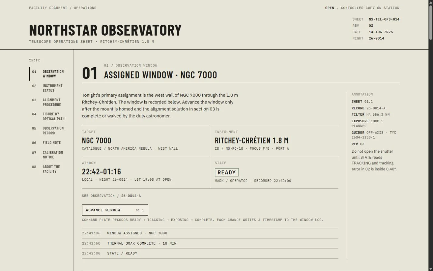 Desktop review frame for NORTHSTAR OBSERVATORY — NS-TEL-OPS-014 — Telescope Operations Sheet