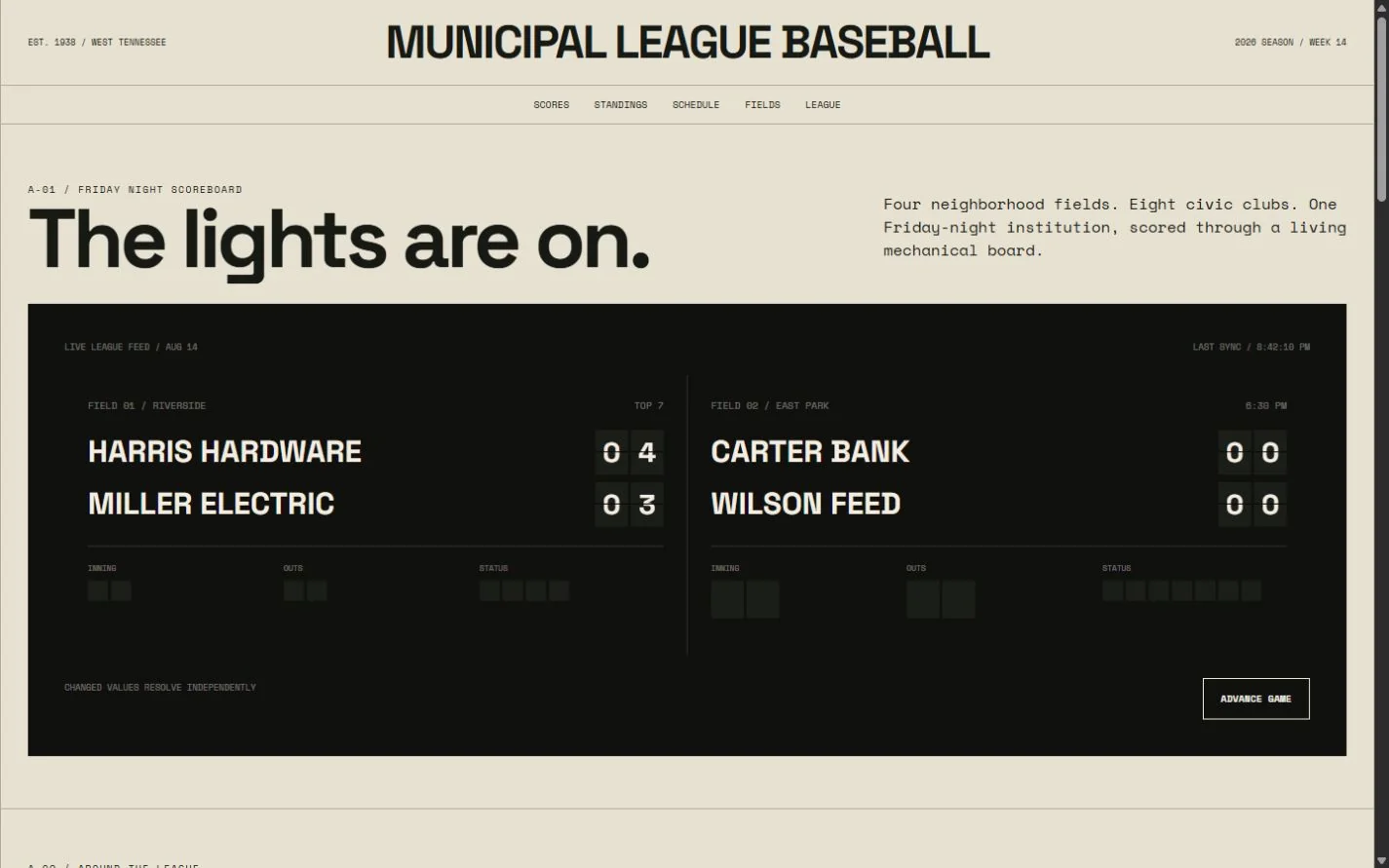Desktop review frame for Municipal League Baseball