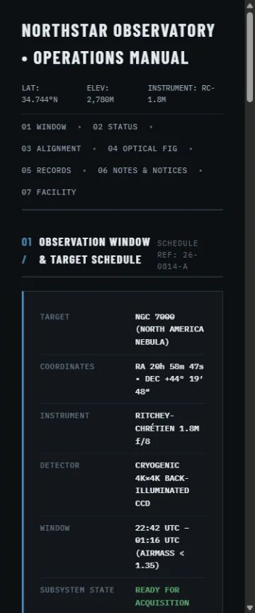 Mobile benchmark review frame for NORTHSTAR OBSERVATORY — Telescope Operations & Field Manual