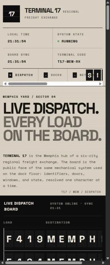 Mobile benchmark review frame for TERMINAL 17 — Regional Freight Exchange