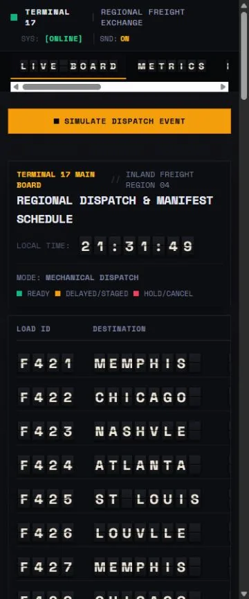 Mobile benchmark review frame for TERMINAL 17 — Regional Freight Exchange