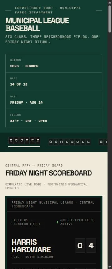 Mobile benchmark review frame for Municipal League Baseball — 2026 Season
