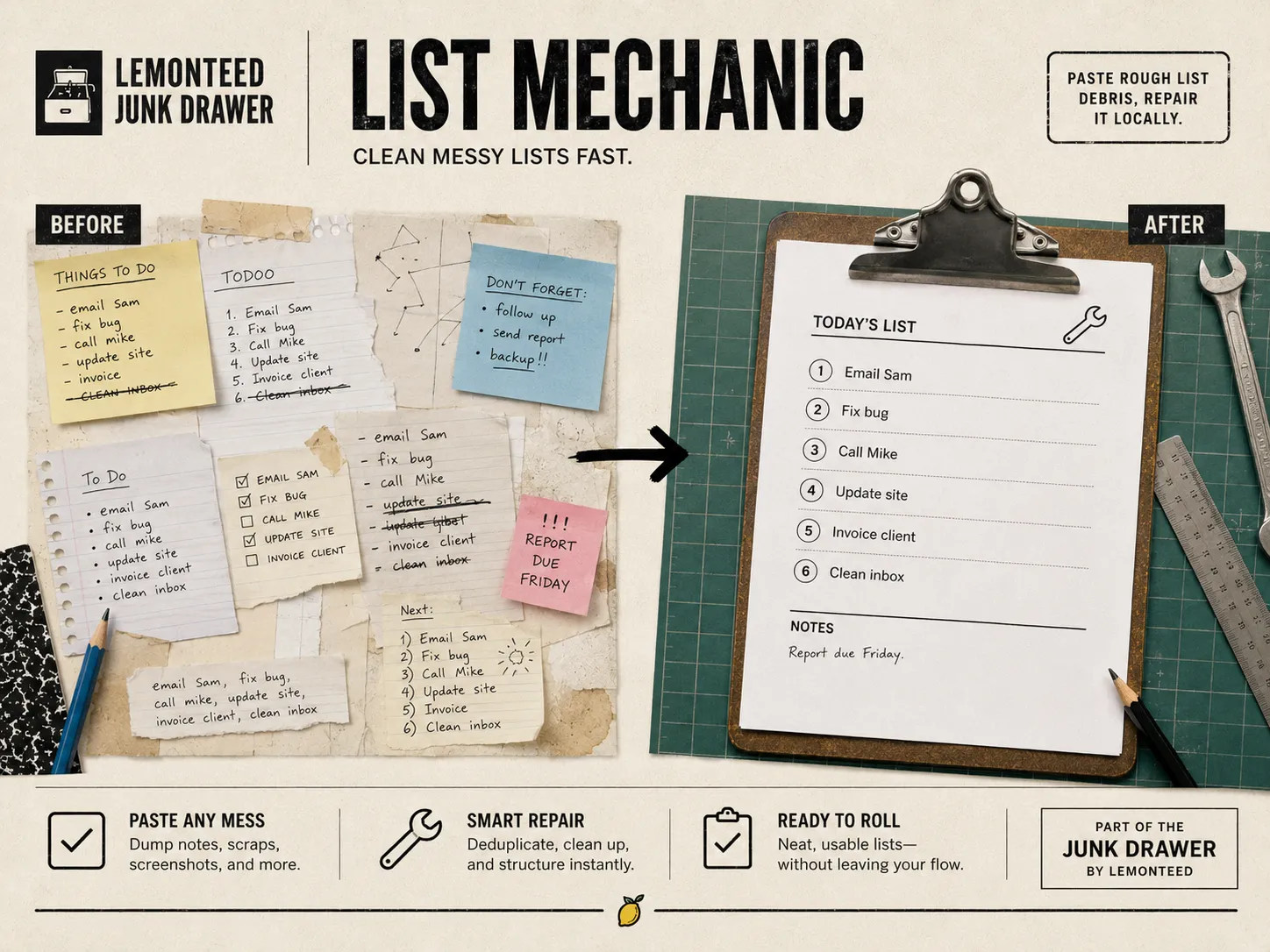 List Mechanic tool interface preview displaying text repair options and formatted lists side-by-side